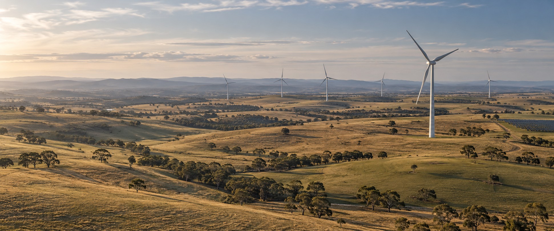 An illustrative Australian pastoral landscape with white wind turbines, eucalyptus trees and open paddocks.